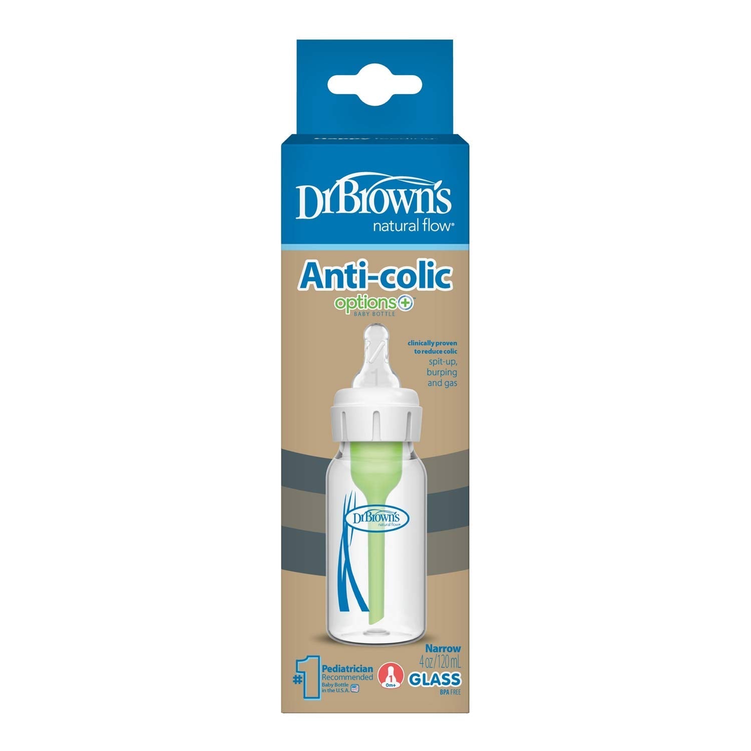Dr. Brown's Natural Flow Anti-Colic Options+ Narrow Glass Baby Bottle, with Level 1 Slow Flow Nipple