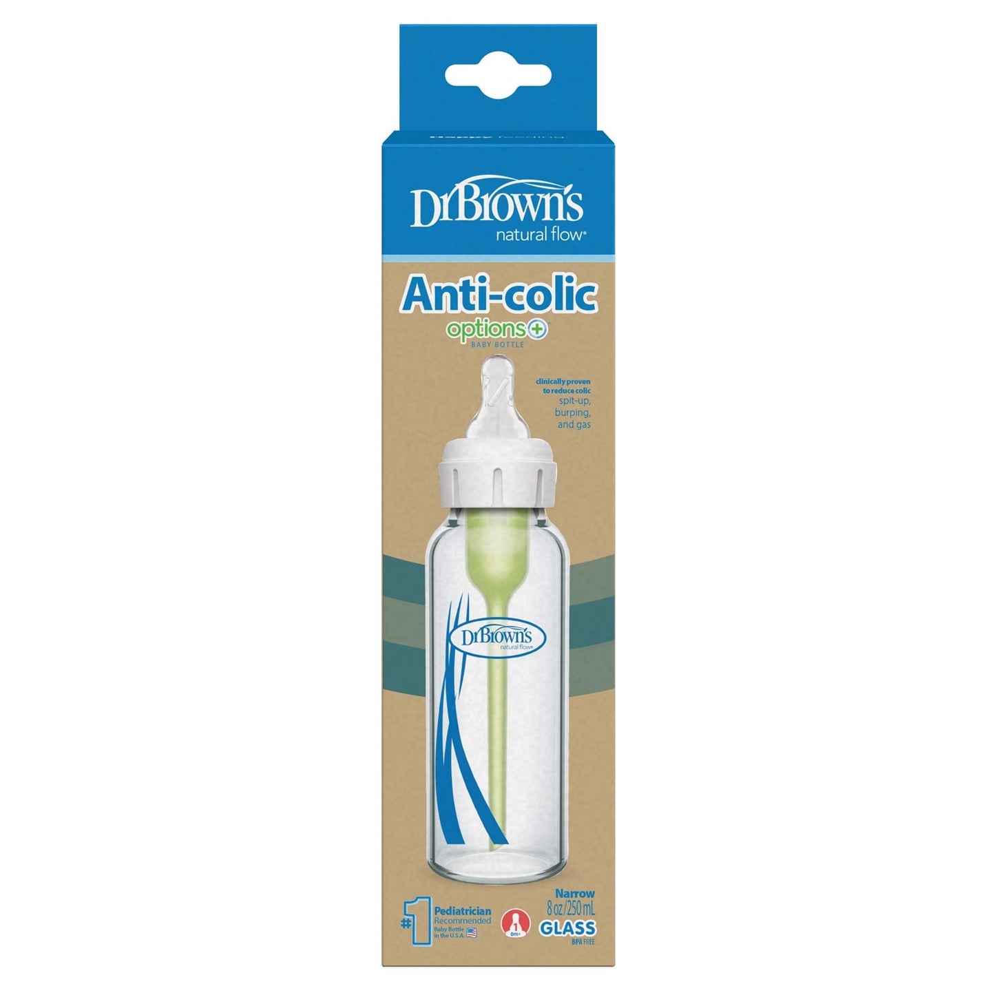 Dr. Brown's Natural Flow Anti-Colic Options+ Narrow Glass Baby Bottle, with Level 1 Slow Flow Nipple