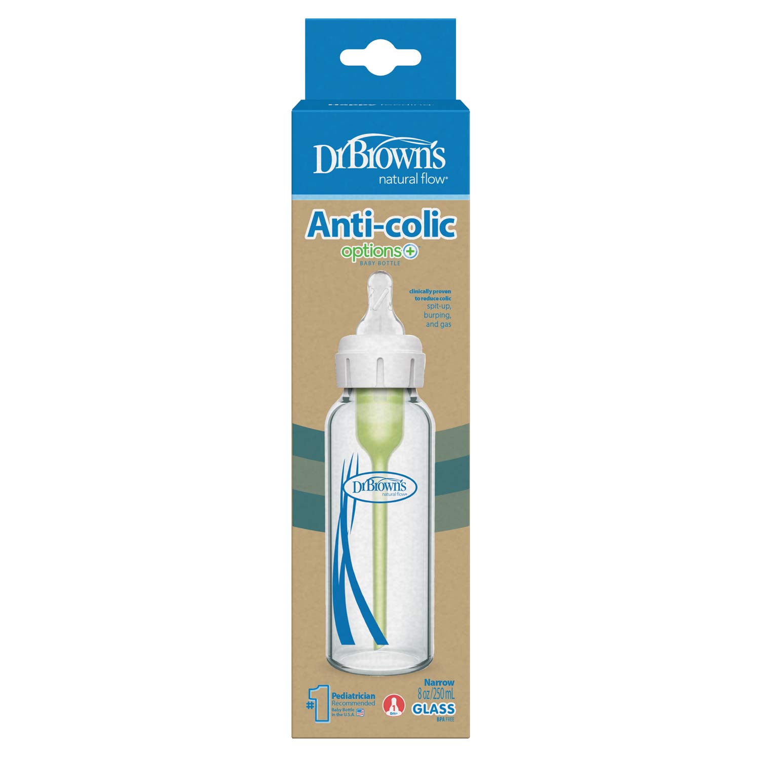 Dr. Brown's Natural Flow Anti-Colic Options+ Narrow Glass Baby Bottle, with Level 1 Slow Flow Nipple