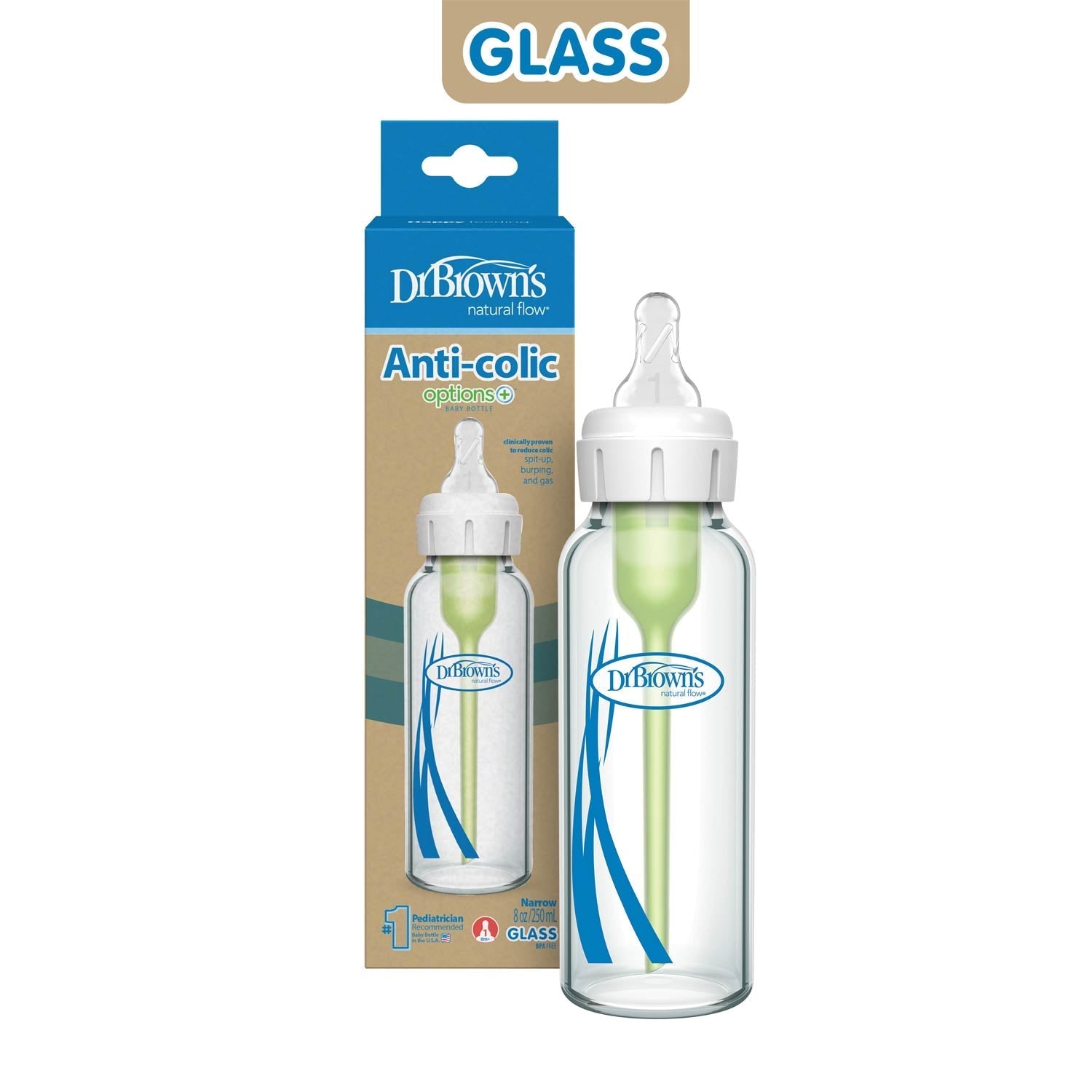 Dr. Brown's Natural Flow Anti-Colic Options+ Narrow Glass Baby Bottle, with Level 1 Slow Flow Nipple