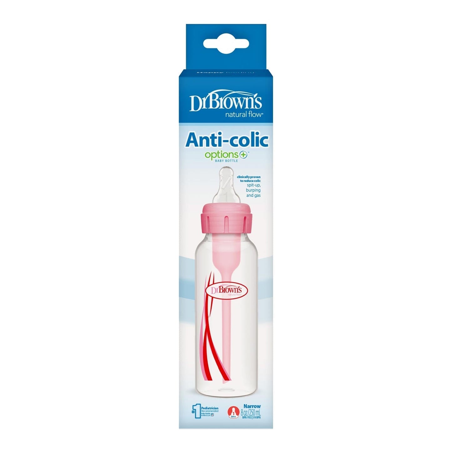 Dr. Brown's Natural Flow Anti-Colic Options+ Narrow Baby Bottle, with Level 1 Slow Flow Nipple