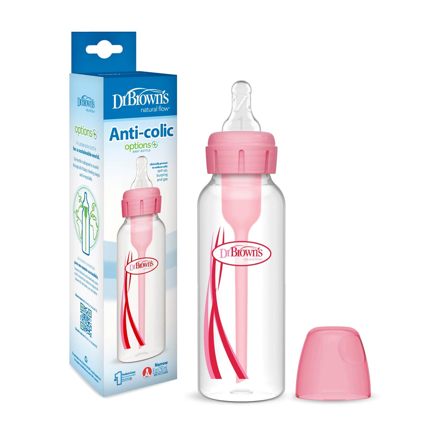 Dr. Brown's Natural Flow Anti-Colic Options+ Narrow Baby Bottle, with Level 1 Slow Flow Nipple