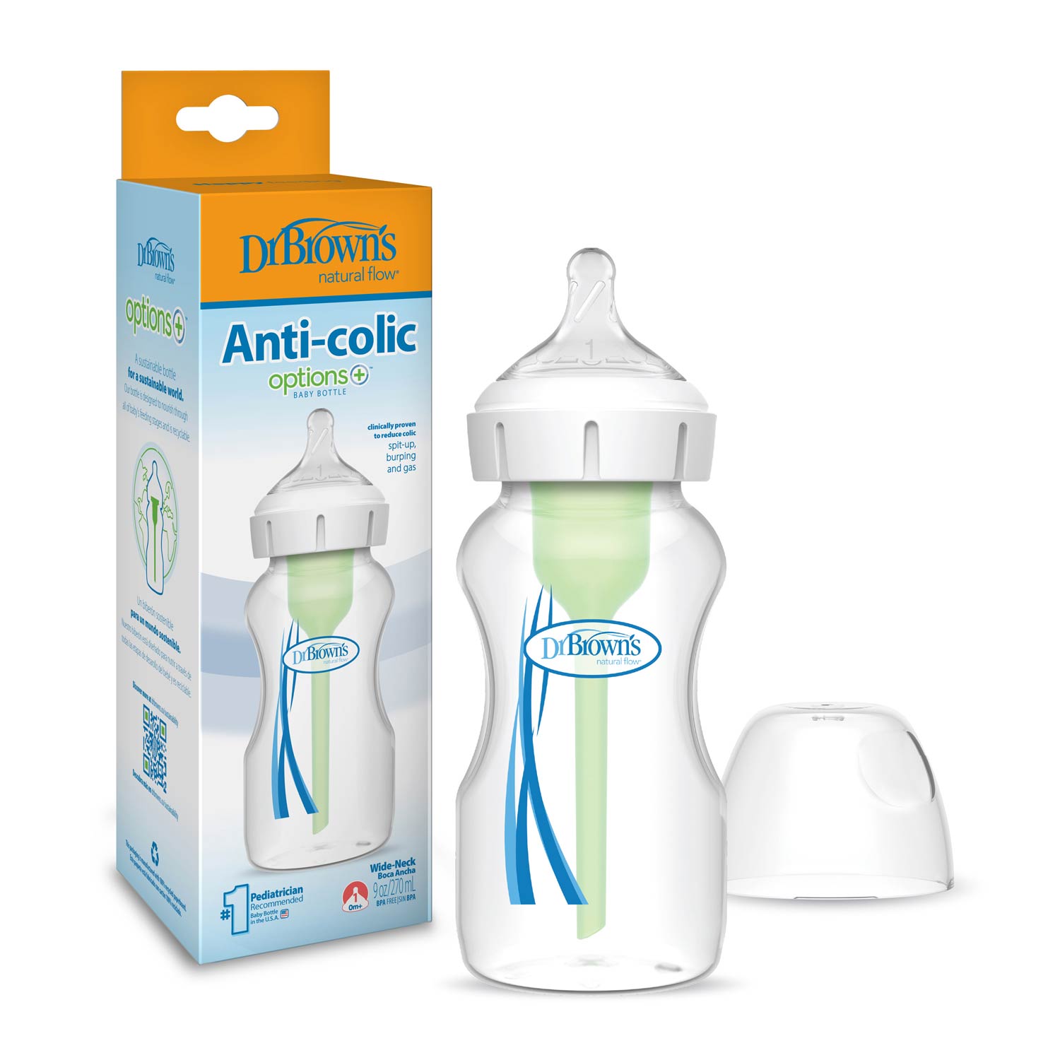 Dr. Brown's Natural Flow Anti-Colic Options+ Wide-Neck Baby Bottle, with Level 1 Slow Flow Nipple