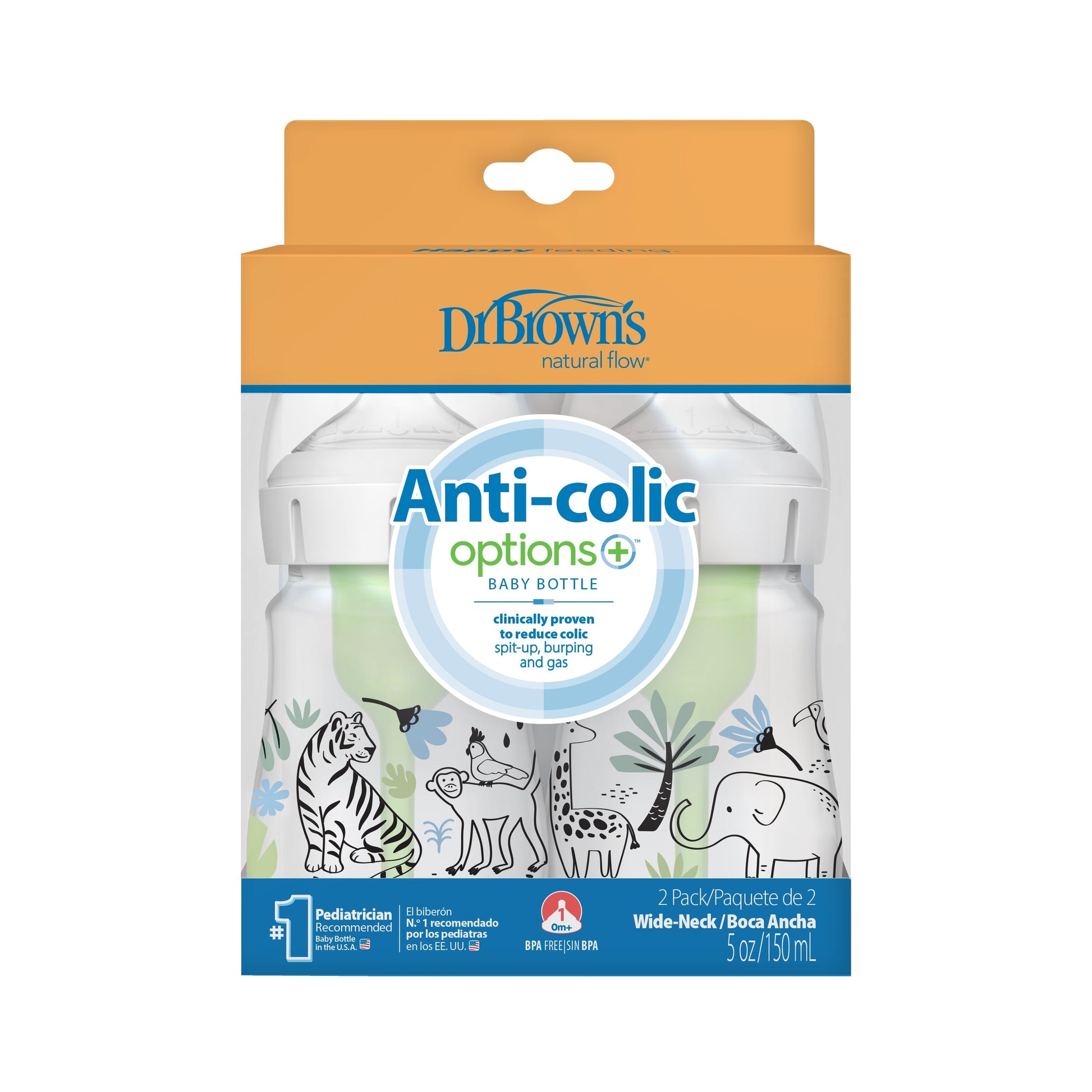 Dr. Brown's Natural Flow Anti-Colic Options+ Wide-Neck Baby Bottle, 5oz/150mL, 2-Pack
